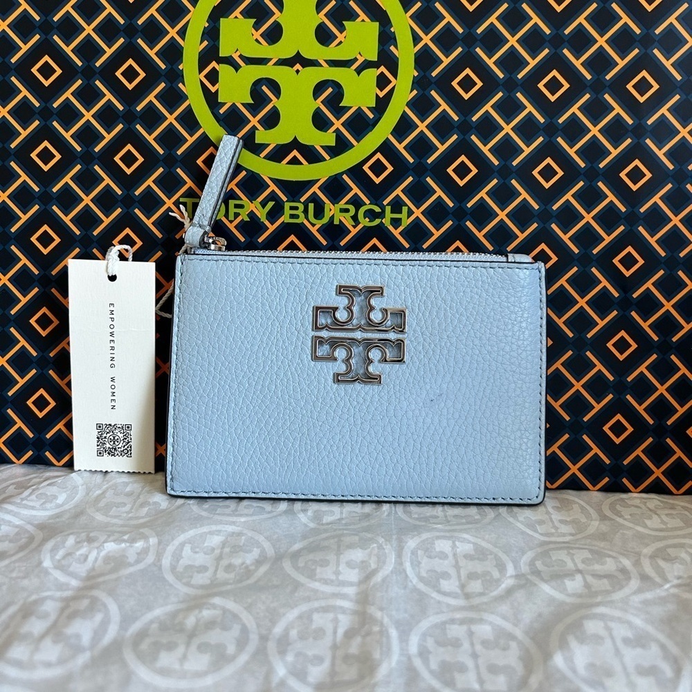 Tory Burch Britten Zip Card Case Mini Wallet Blue Mist Silver Light Blue